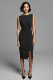 Grey Bodycon Ruched Satin Midi Work Dress with Slit
