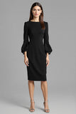Navy Satin Midi Bodycon Work Dress with Long Sleeves