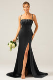Dark Green Long Sheath Spaghetti Straps Bridesmaid Dress With Slit