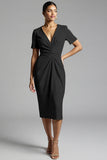Champagne V-Neck Bodycon Midi Satin Work Dress with Sleeves