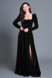 Burgundy A Line Velvet Long Holiday Party Dress with Slit