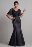 Sparkly Beaded Champagne Mermaid Ruched Satin Long Mother of the Bride Dress