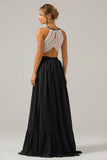 Eucalyptus A-Line Halter Pleated Keyhole Chiffon Bridesmaid Dress With Lace
