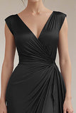 Grey Blue V-Neck Sheath Maxi Ruched Formal Dress with Ruffles