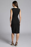 Navy Bodycon Satin V-Neck Midi Work Dress