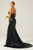 Dark Green Long Sheath Spaghetti Straps Bridesmaid Dress With Slit