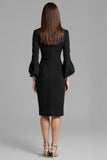 Navy Satin Midi Bodycon Work Dress with Long Sleeves