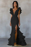 Yellow Chiffon V Neck Mermaid Ruffled Maxi Formal Dress with Slit