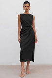 Orange Midi Bateau Neck Sleeveless Ruched Pencil Work Dress with Slit