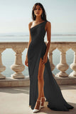 Champagne Chiffon Ruched One Shoulder Beach Maxi Engagement Dress with Slit