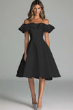White A Line Satin Off the Shoulder Midi Graduation Dress with Ruffles