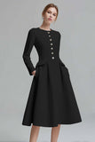 Tweed Ivory Long Sleeves A Line Midi Date Night Dress with Pockets