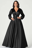 Grey Blue Satin A-Line Mother of the Bride Dress with Long Sleeves