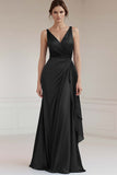 Sheath V-Neck Grey Blue Ruched Maxi Satin Formal Dress