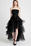 Navy Tulle Strapless A Line High Low Formal Dress with Ruffles