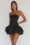 Satin White A Line Strapless Tiered Mini Graduation Dress with Ruffles