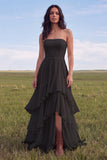 White Strapless A Line Swep Train Tiered Western Wedding Dress with Ruffles