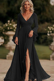 Dark Grey A Line Ruffled Long Chiffon Mother of the Bride Dress with Slit
