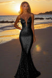 Sparkly Silver Spaghetti Straps Mermaid Sequined Formal Dress