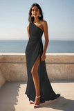 Chiffon One Shoulder Ruched Ivory Maxi Rehearsal Dinner Dress with Slit