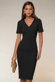 Navy Bodycon V Neck Short Sleeves Midi Work Dress