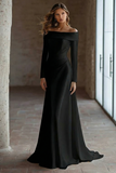 Ivory Satin Sweep Train Ruched Off the Shoulder Wedding Dress with Sleeves