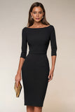 Navy Boat Neck Pencil Midi Work Dress with Slit