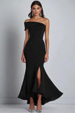 Navy Sheath Off the Shoulder Ruffled Maxi Formal Dress with Slit