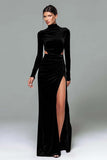 Burgundy Velvet Sheath High Neck Cut Out Long Holiday Party Dress with Slit