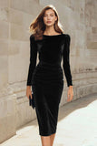 Dark Green Velvet Bodycon Boat Neck Midi Holiday Party Dress with Sleeves