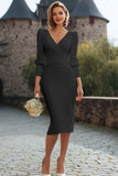 Midi Ivory V-Neck Bodycon Engagement Dress with Sleeves