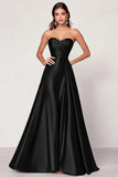 Dark Green A Line Satin Strapless Maxi Prom Dress
