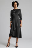 Plum Satin Ruched A Line Midi Work Dress with Sleeves