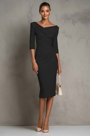 Simple Black Ruched Midi Pencil Work Dress with Slit