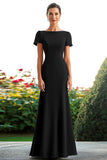 Ink Blue Short Sleeves Satin Sheath Long Mother of the Bride Dress