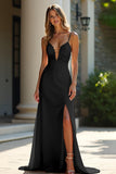 Champagne Spaghetti Straps Applique Sheath Prom Dress with Slit