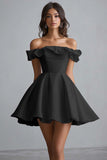 A Line Satin Off the Shoulder White Short Graduation Dress with Ruffles