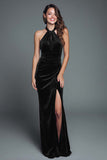 Burgundy Halter Mermaid Velvet Maxi Holiday Party Dress with Slit