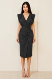Olive V-Neck Ruched Sheath Tea Length Formal Dress