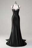 Dark Green Corset Beaded Satin Mermaid Sweep Train Prom Dress