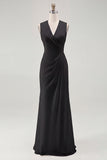 White Sheath V-Neck Ruched Maxi Chiffon Rehearsal Dinner Dress