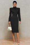 Ivory High Neck Pencil Long Sleeves Midi Work Dress with Bow
