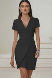 Ivory V-Neck Pleated Short Pencil Work Dress with Sleeves