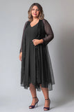 Purple V-neck Tea Length Mother of the Bride Dress with Sparkly Jacket