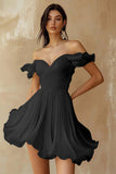 Chiffon Pleated A Line Off the Shoulder Mini Little White Dress with Ruffles