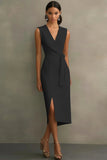 Dusty Rose V-Neck Sheath Tea Length Semi Formal Dress with Sash