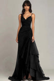 Ink Blue Spaghetti Straps Ruched Chiffon Maxi Formal Dress with Ruffles