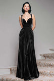 Burgundy Velvet Mermaid Thick Straps Long Ruched Holiday Party Dress