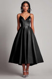 Red Satin A-Line Spaghetti Straps Tea Length Formal Dress