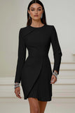 Short Ivory Pencil Pleated Round Neck Work Dress with Sleeves